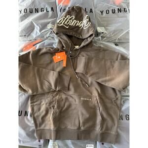 YoungLA #549 Hoodie Sweatshirt Mens Brown Washed Heavyweight Fleece Medium